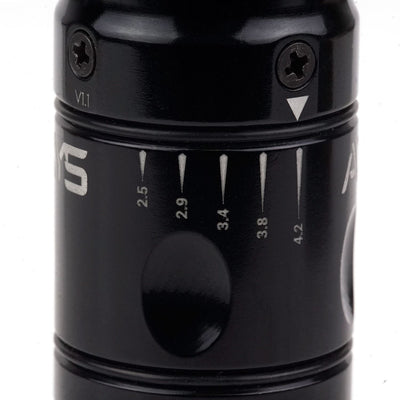 Close up of the stroke lengths on the Black Axys Valhalla Tattoo Pen Machine.