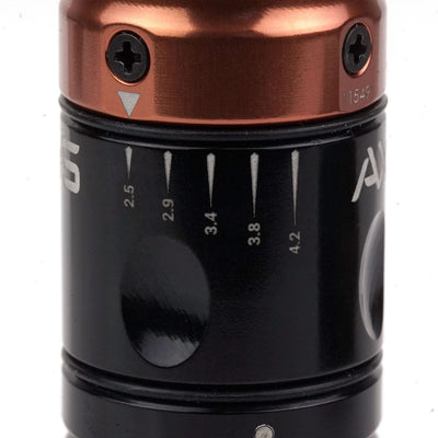 Close up of the stroke lengths on the Burnt Orange Axys Valhalla Pen Tattoo Machine. 