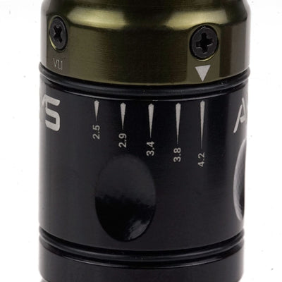 Close up view of the stroke lengths on the Olive Green Axys Valhalla Pen.  