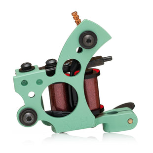 A green Blood Money Iron "Everyday Liner" coil tattoo machine by Rich Helton.