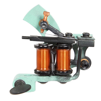 Coil side of the teal Blood Money Irons "Sharpie Liner" coil tattoo machine By Rich Helton, available at Kingpin.  