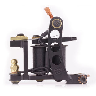 A black Kingpin “Ferrum” Liner 7.75 oz coil tattoo machine.