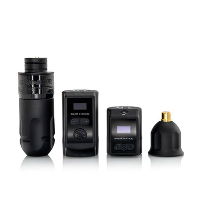 Tattoo machine, batteries, and RCA adapter included in the The Bishop Power Wand Full Set.