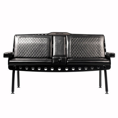Black Comfort Before Pain Waiting Room Bench with quilted vinyl seating and built-in cup holders. 