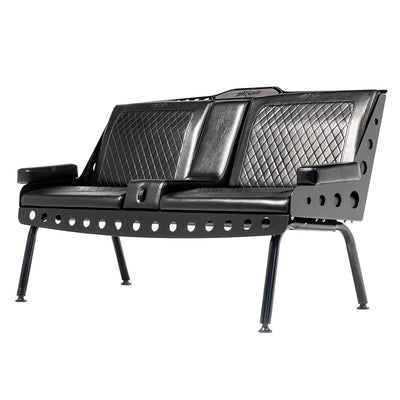 Diagonal view of the black Comfort Before Pain Waiting Room Bench for tattoo shops with metal frame and vinyl seat.