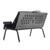 Back view of the black vinyl Comfort Before Pain Waiting Room Bench for piercing and tattoo shops showcasing the bench's metal frame. 