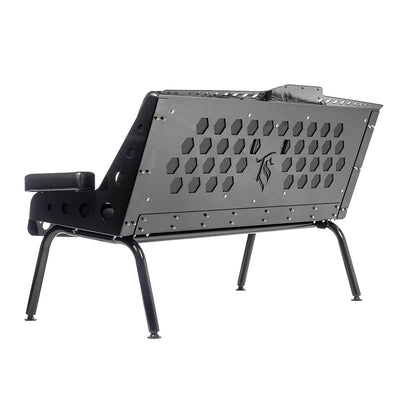 Back view of the black vinyl Comfort Before Pain Waiting Room Bench for piercing and tattoo shops showcasing the bench's metal frame. 