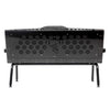 A back view of the black vinyl Comfort Before Pain Waiting Room Bench showcasing the bench's metal frame and TS TATSoul logo. 