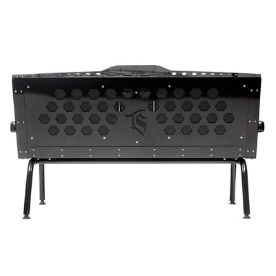 A back view of the black vinyl Comfort Before Pain Waiting Room Bench showcasing the bench's metal frame and TS TATSoul logo. 