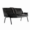 A black Comfort Before Pain Waiting Room Bench for tattoo shops. It features vinyl seats, armrests, built-in cup holders, and a metal frame. 